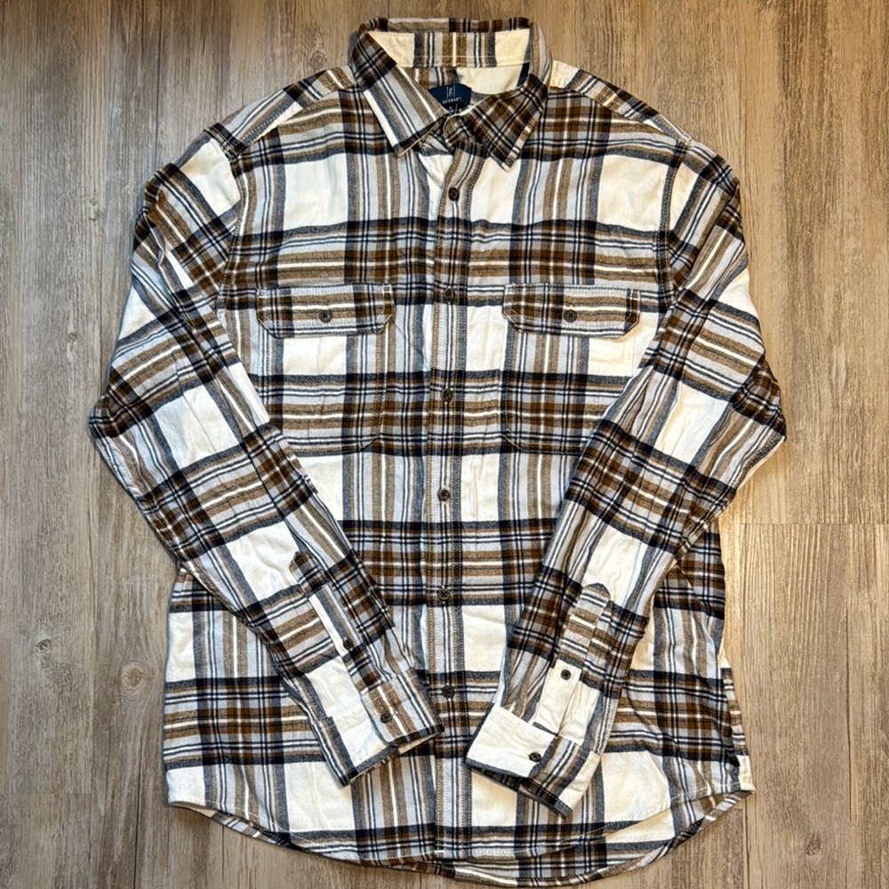 Men's George Flannel Button Down Shirt - Brown and White Sz Med EUC